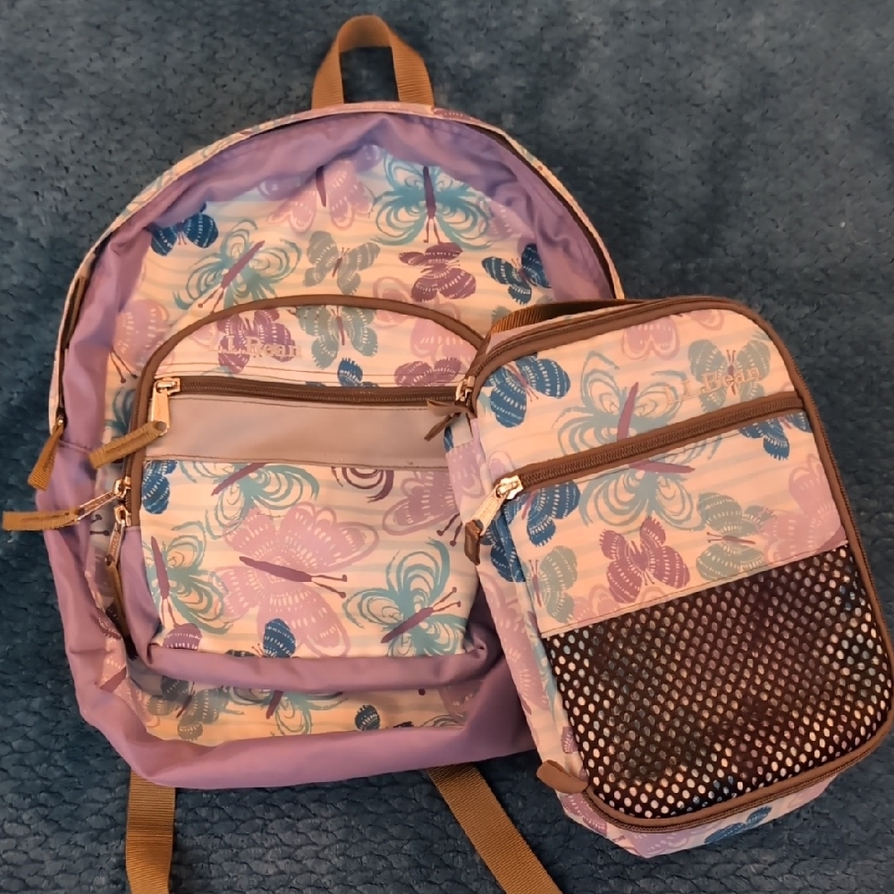 L.L. Bean Kids Floral Backpack and Lunch Bag - Purple and Blue